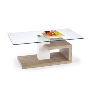 HALMAR Evelin sklenený konferenčný stolík dub sonoma / priehľadná / biely lesk